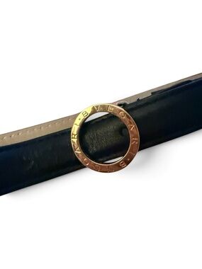 Bulgari Black Leather Ring Buckle Belt with Gold-Tone Logo